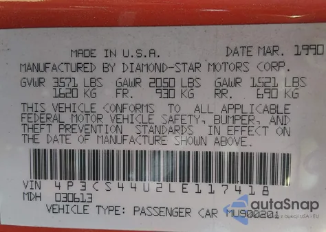 1990 Plymouth Laser Rs from USA, damaged, VIN 4P3CS44U2LE117418